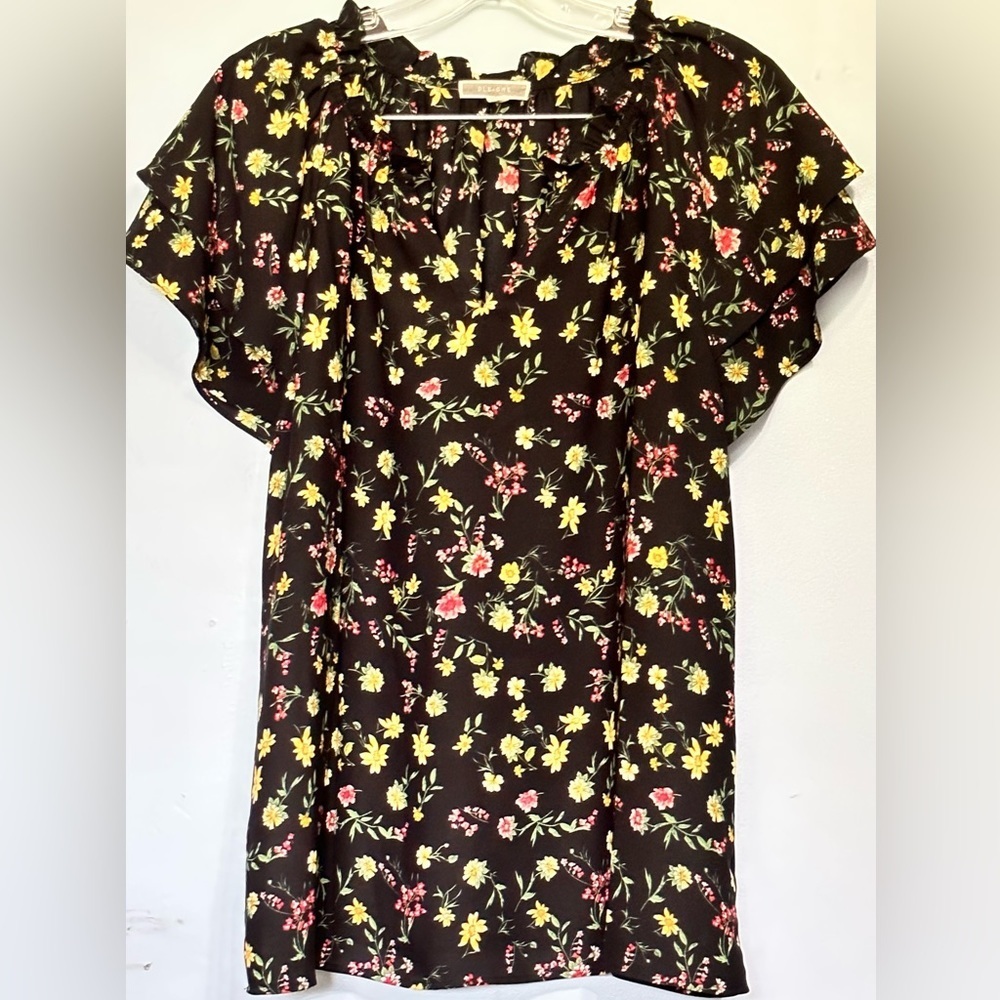 PLEIONE WOMENS FLORAL BLOUSE VNECK S/S BLACK MEDIUM